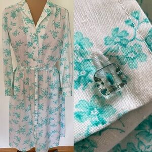 Vintage 70s Shirtwaist Dress *Medium/Large* Green Floral Long Sleeve Midi Dress